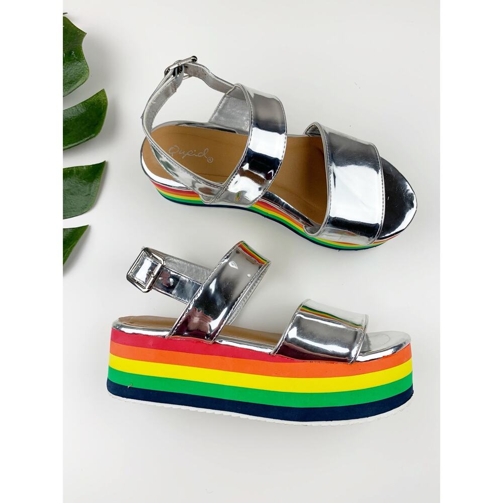 Qupid Rainbow Platform Sandals Strappy Silver Women's 5